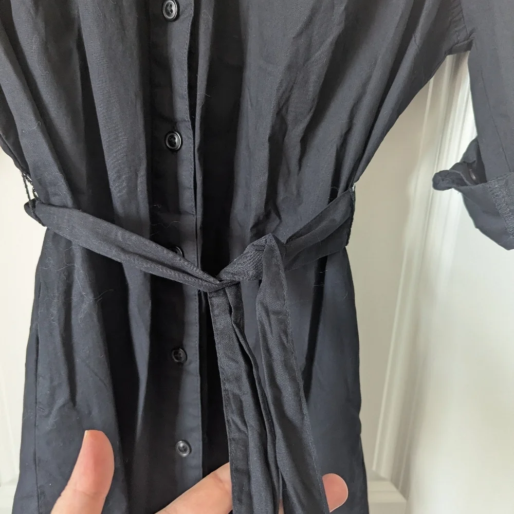 Classic Black Cotton Button-Front Shirt Dress with Belt, Pockets 3/4 Sleeves LG - Picture 6 of 12